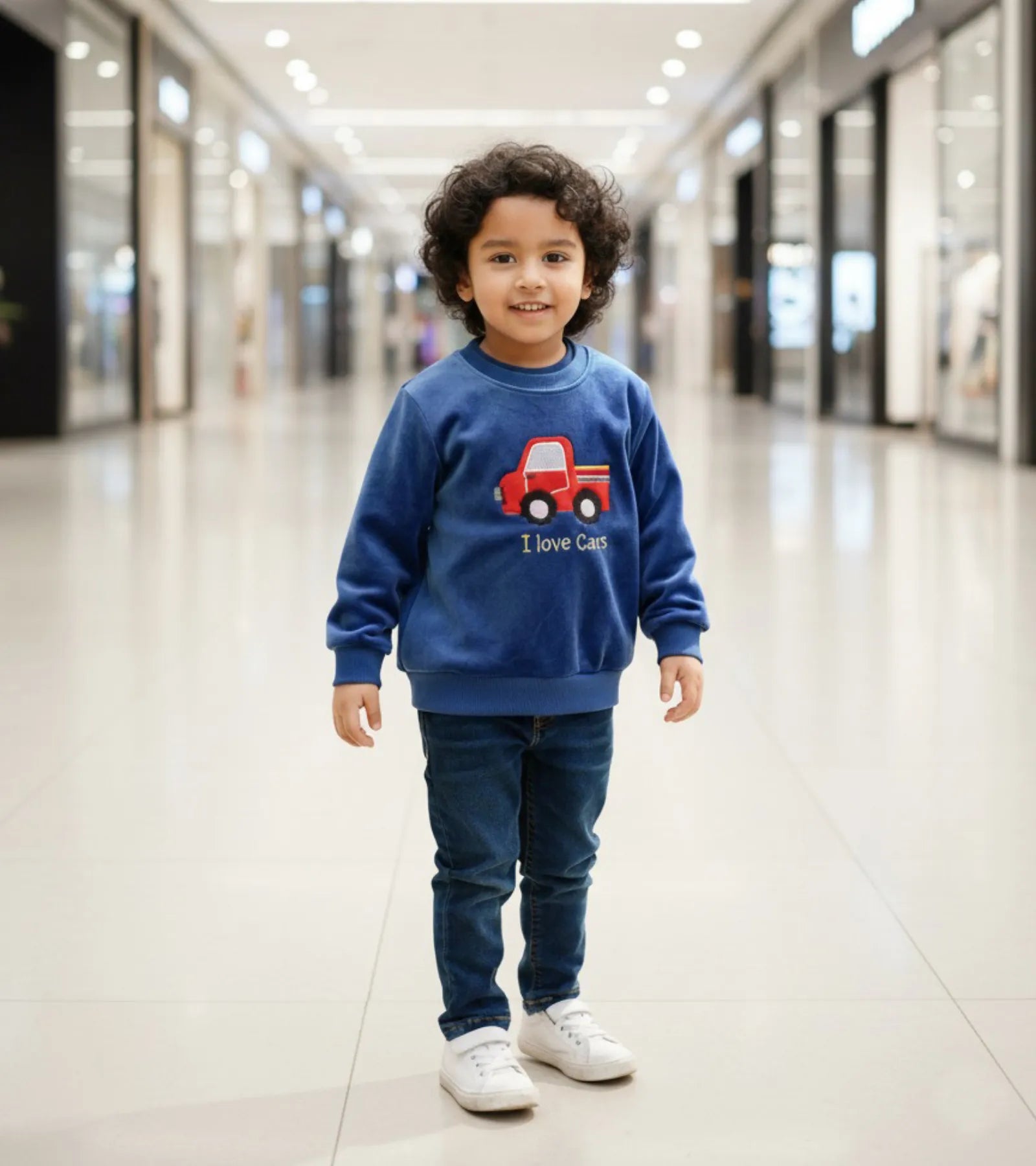 Boy Blue Velvet Sweatshirt - I love Cars