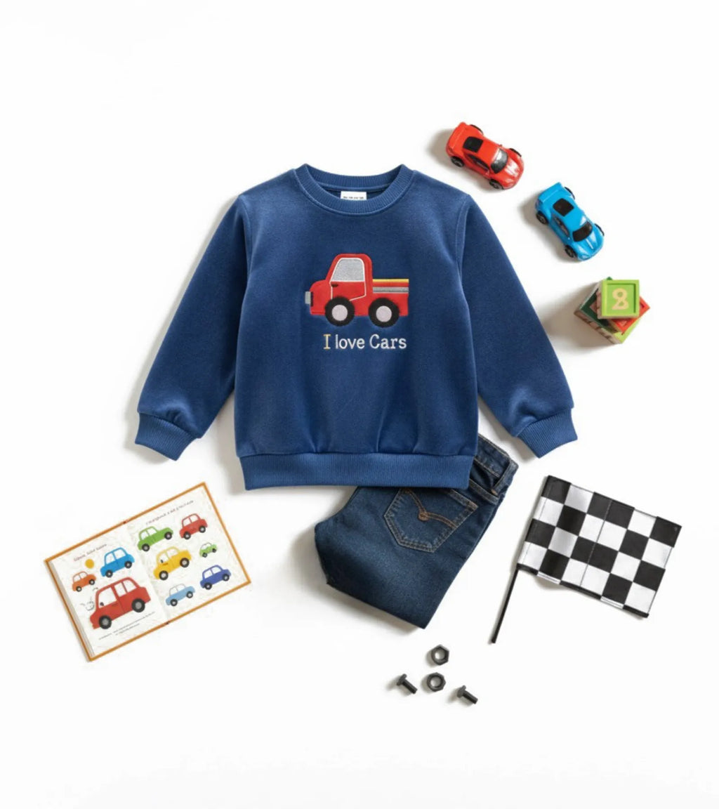 Boy Blue Velvet Sweatshirt - I love Cars
