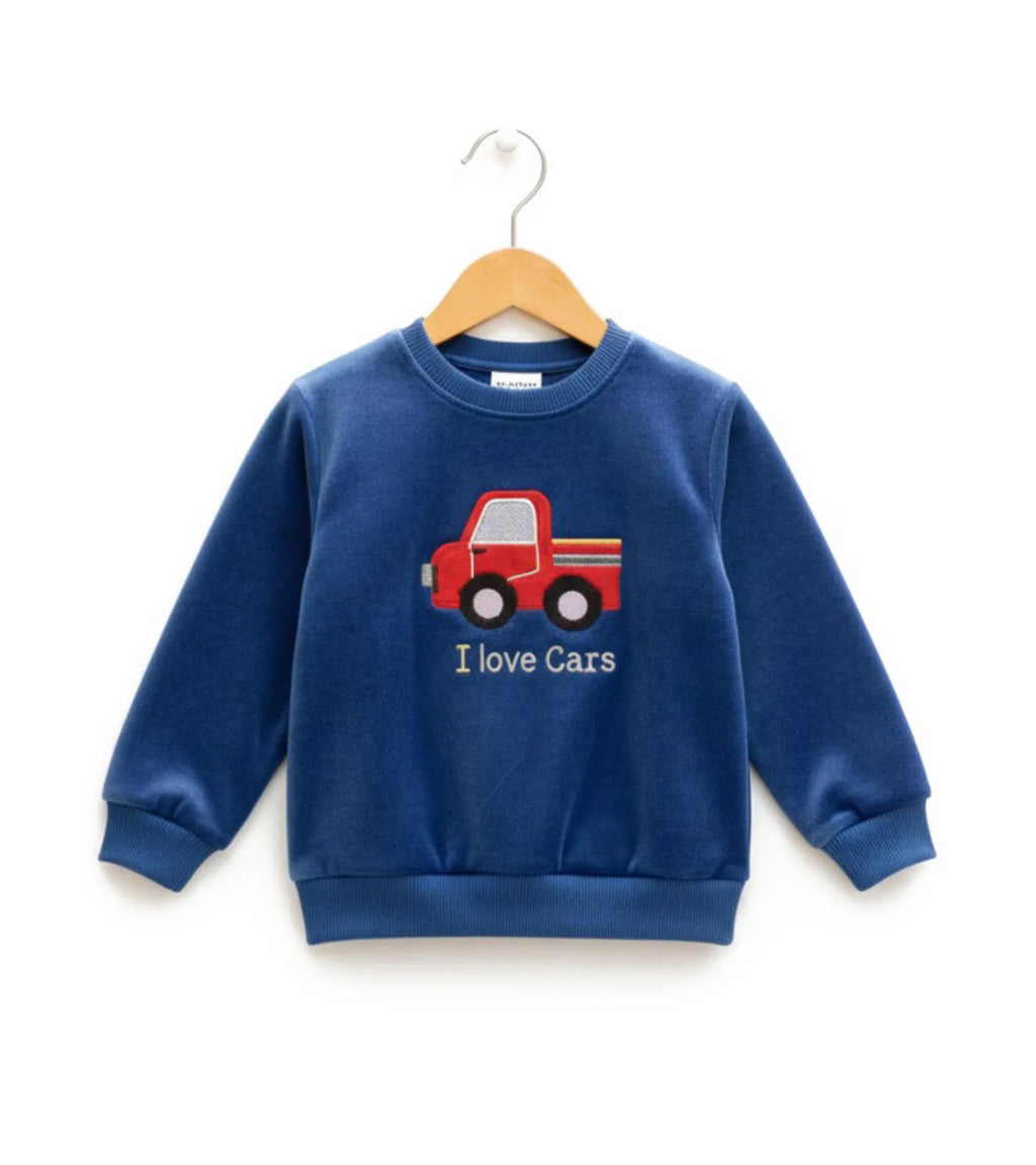 Boy Blue Velvet Sweatshirt - I love Cars