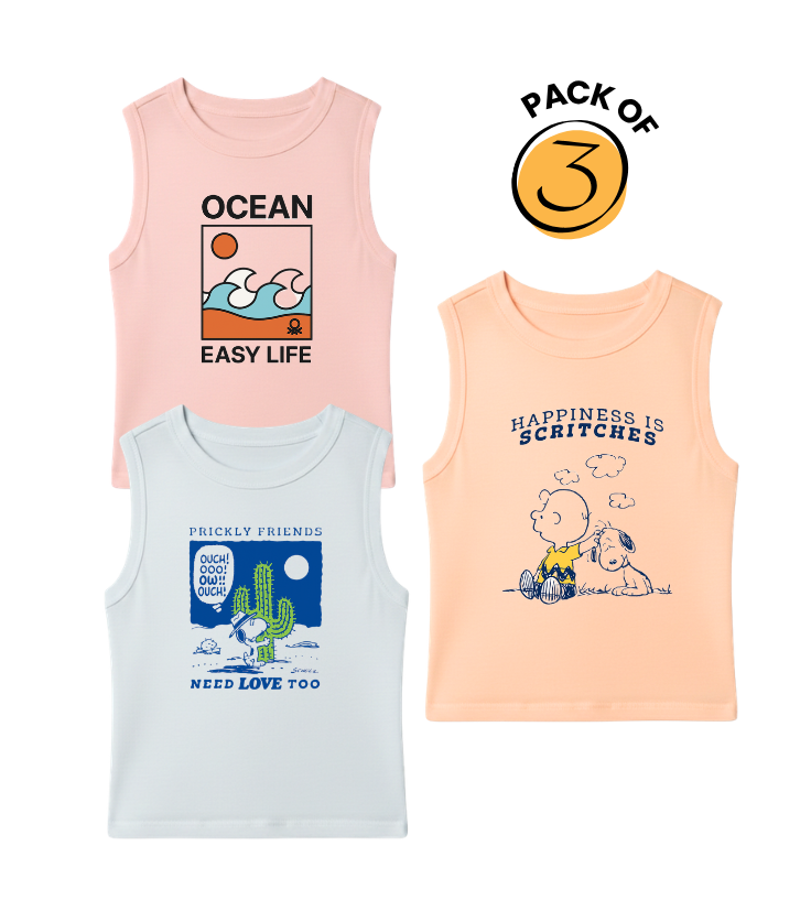Kids Pack of 3 Sleeveless T-Shirts - Ocean Easy Life | Prickly Friends | Happiness Scritches