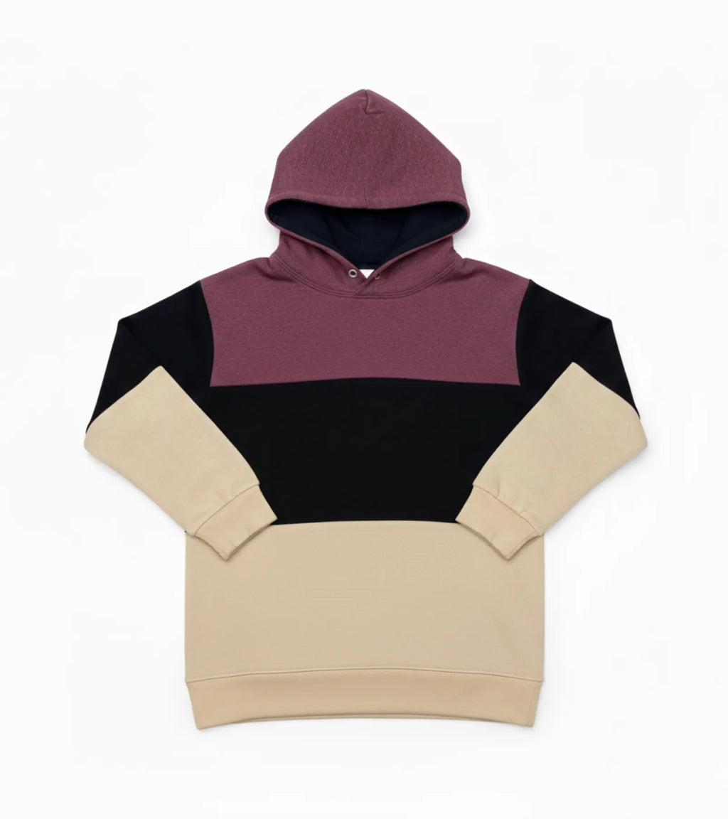 Color Block Kids Fleece Unisex Hoodie – Maroon, Black & Tan