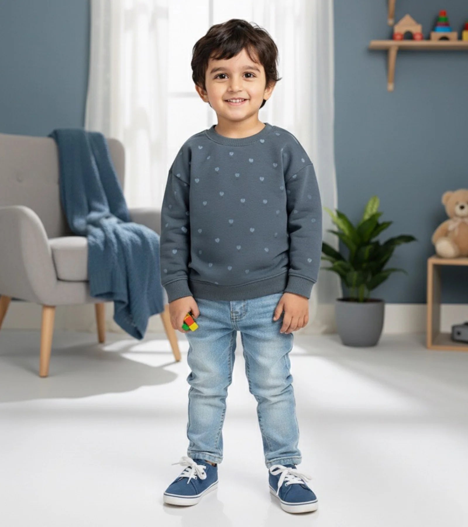 Kids Slate Blue Heart-Pattern Sweatshirt