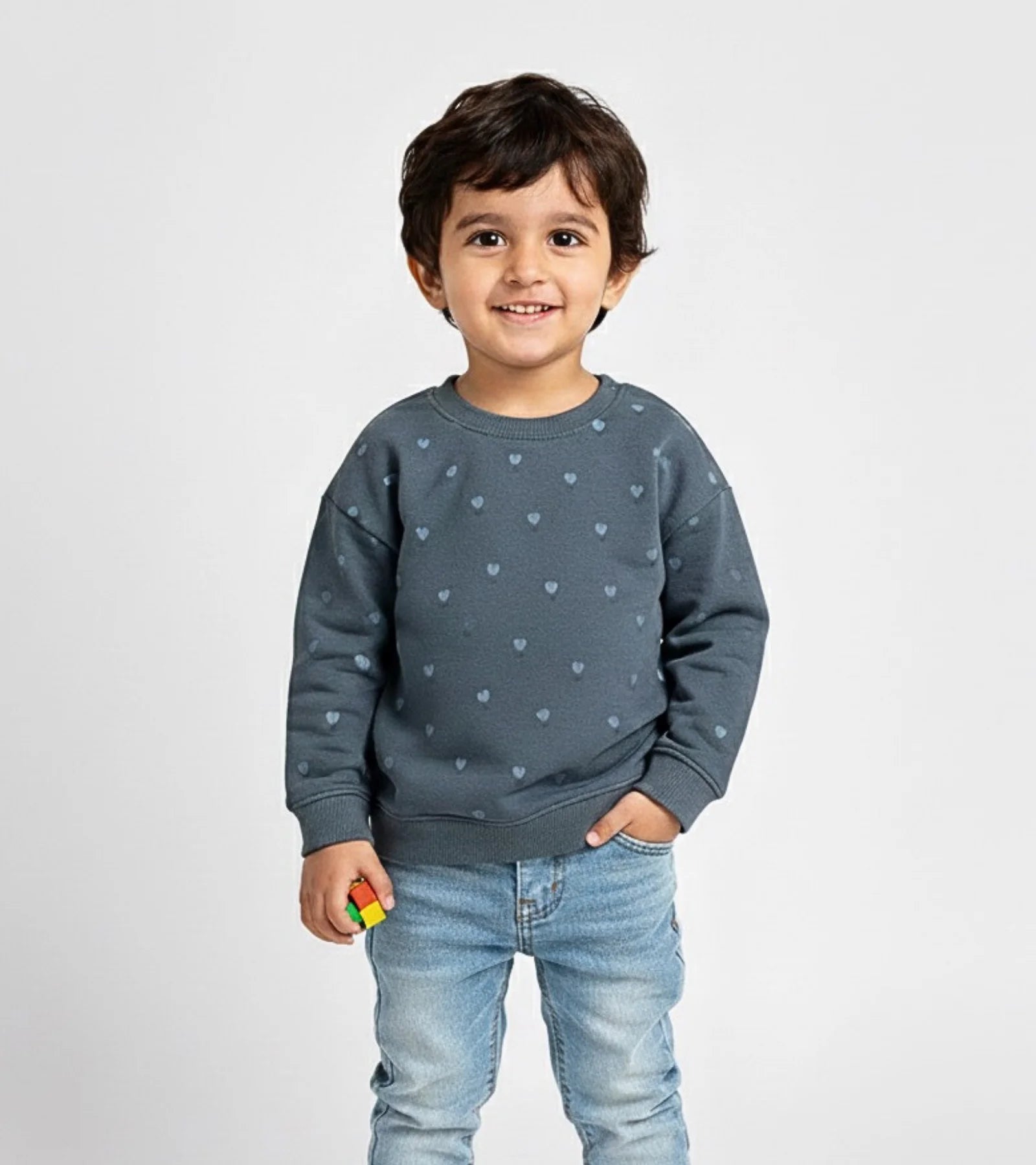 Kids Slate Blue Heart-Pattern Sweatshirt