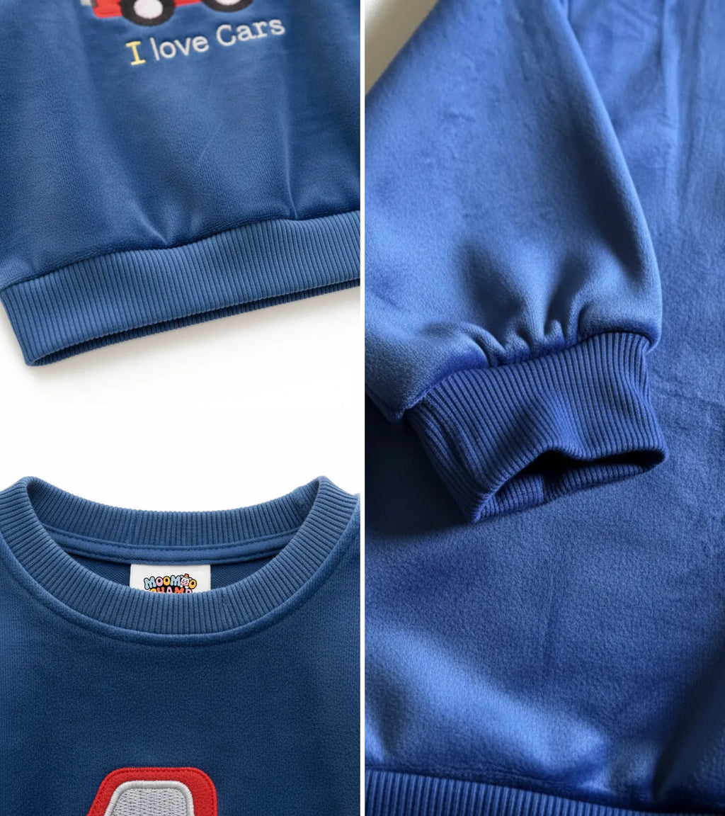 Boy Blue Velvet Sweatshirt - I love Cars