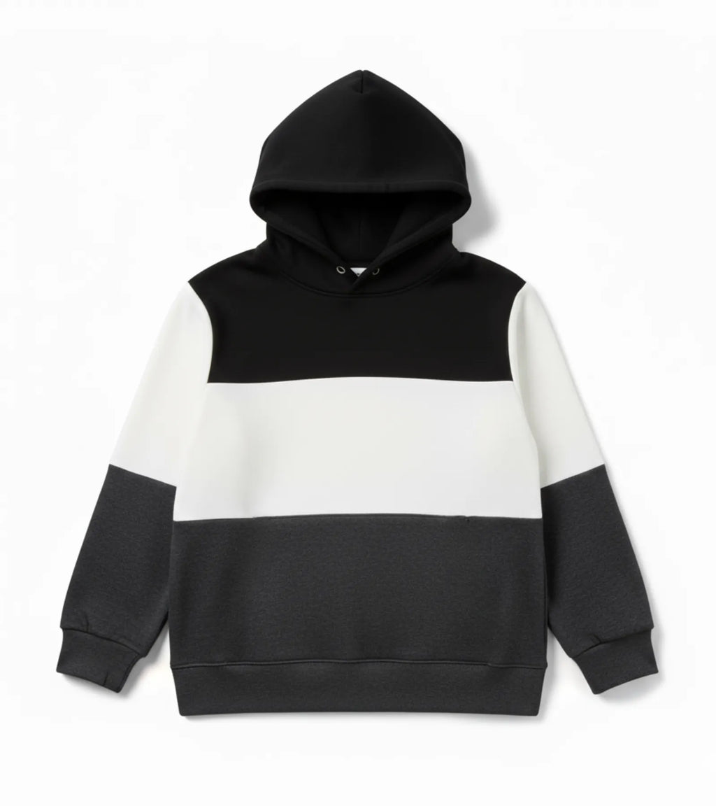 Color Block Kids Fleece Unisex Hoodie – Black, White & Dark Gray