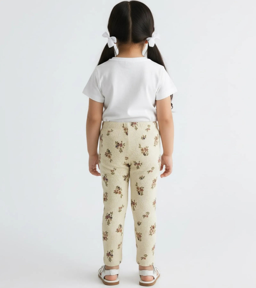 Girls Camel Color Floral Printed Trouser