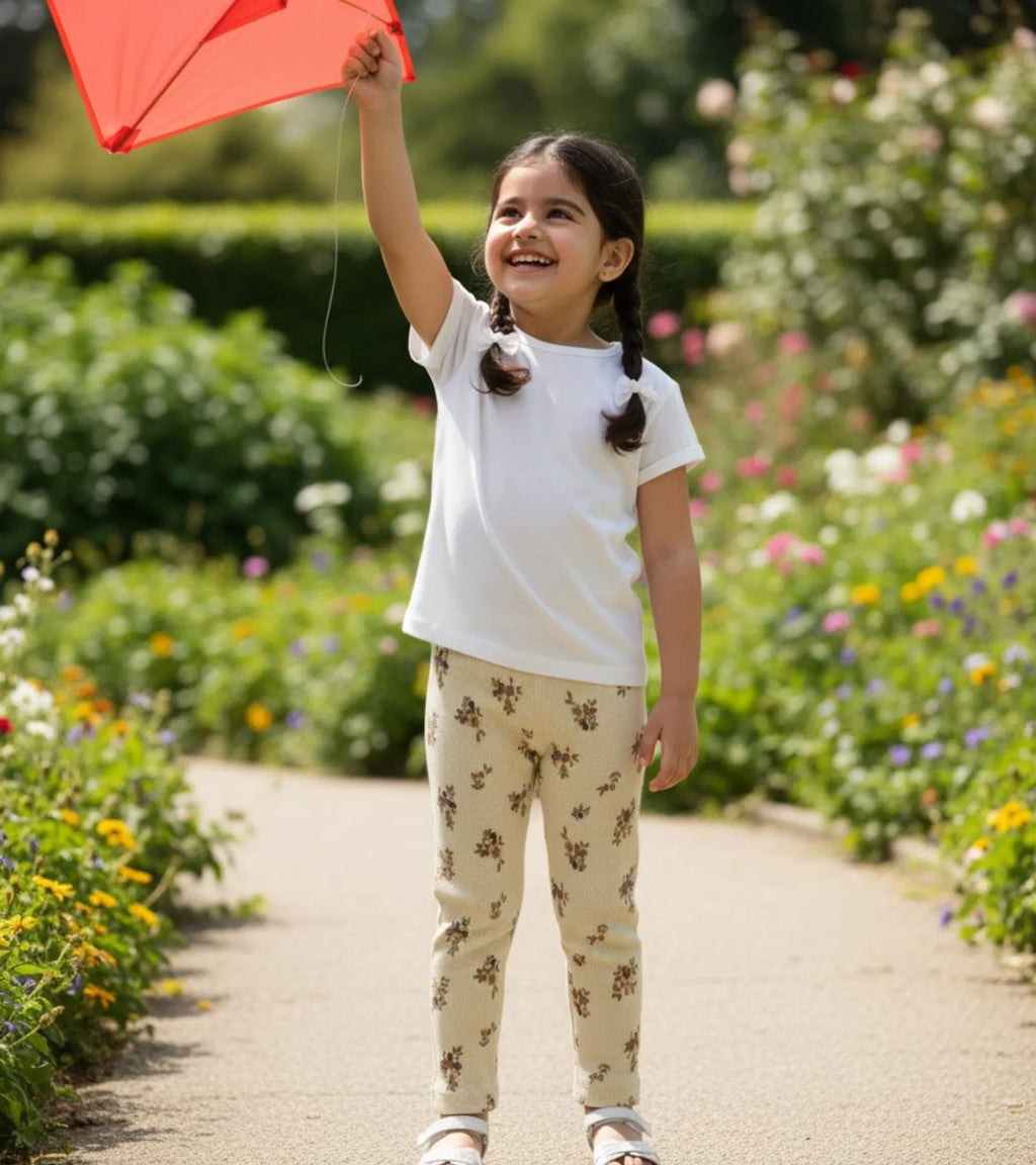 Girls Camel Color Floral Printed Trouser