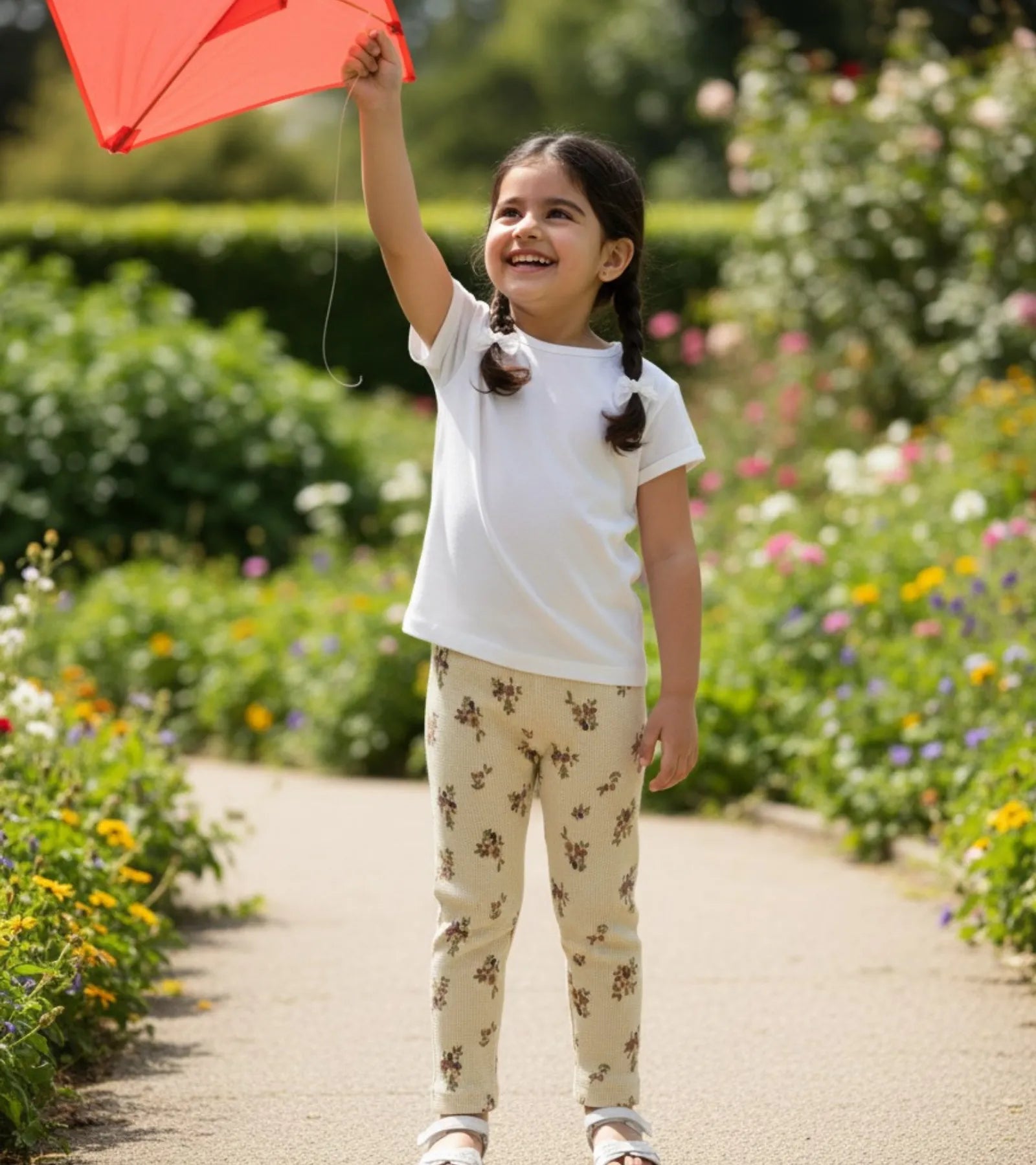 Girls Camel Color Floral Printed Trouser