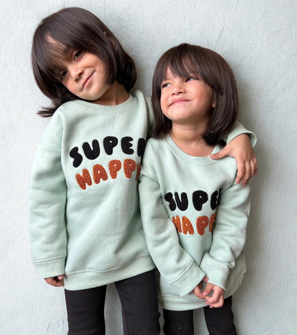 Kids Green Super Happy Fleece Sweatshirt – Unisex