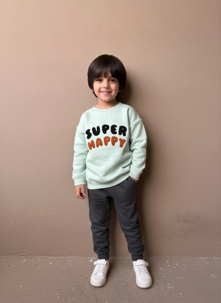 Kids Green Super Happy Fleece Sweatshirt – Unisex
