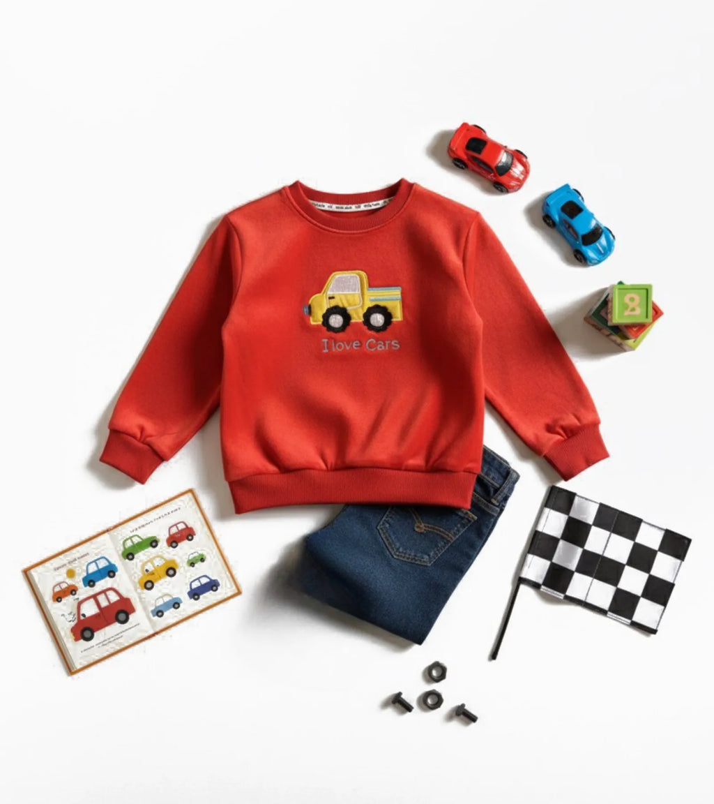 Kids Red Velvet Sweatshirt - I love Cars - Unisex
