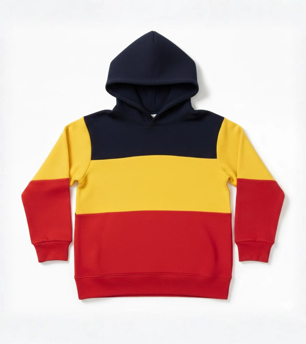 Color Block Kids Fleece Unisex Hoodie – Black, Red & Yellow