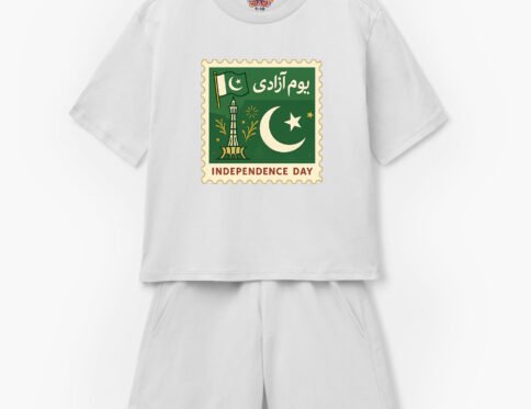 Pakistan Day Postage Stamp White Kids T-Shirt & Shorts Set