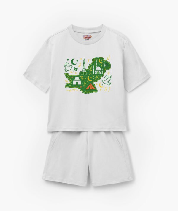 a white shirt and shorts with a picture of a Pakistan Map