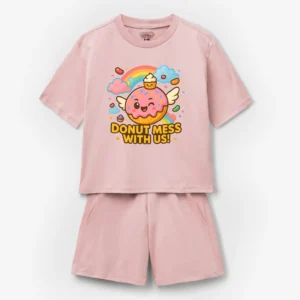 Donut Mess With Us Pink Printed T-Shirt & Shorts Set