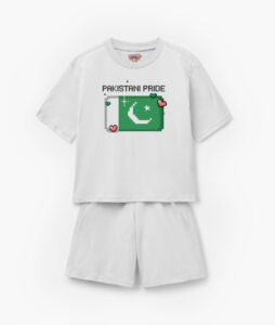 a white shirt and shorts with a pixelated pakistan Flag