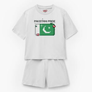 a white shirt and shorts with a pixelated pakistan Flag