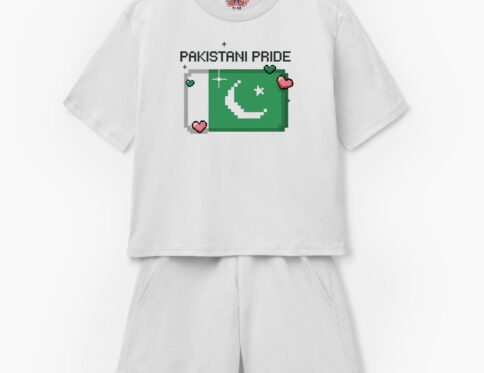 a white shirt and shorts with a pixelated pakistan Flag