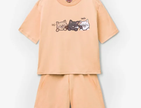 Hi, Hello” Three Cats Kids T-Shirt & Shorts Set